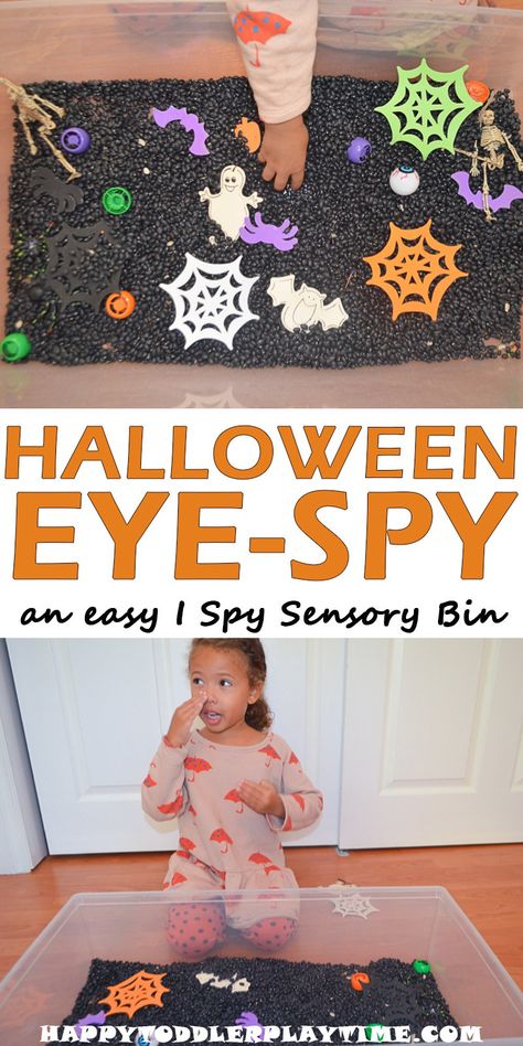 Halloween Eye-Spy Sensory Bin - HAPPY TODDLER PLAYTIME #halloween #halloweenactivities #toddler #toddleractivities #kidsactivities #preschool #kindergarten #happytoddlerplaytime Halloween Sensory Bin, Halloween Sensory, Easy Halloween Party, Sensory Activities Toddlers, Diy Halloween Decor, Halloween Preschool, Sensory Bottles, Halloween Eyes, Halloween Activities For Kids