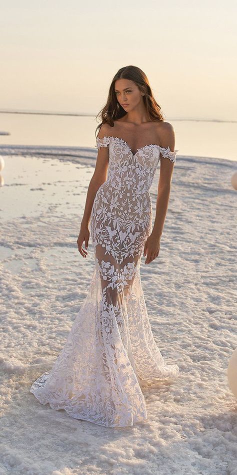 51 Beach Wedding Dresses Perfect For Destination Weddings ❤  beach wedding dresses mermaid sweetheart neckline off the shoulder floral lee grebenau #weddingforward #wedding #bride Sweetheart Neckline Off The Shoulder, Lee Grebenau, Pin Dress, Weddings Beach, Linen Wedding Dress, Wedding Dresses Mermaid Sweetheart, Wedding Dress Types, Enchanting Wedding, Wedding Dresses Mermaid