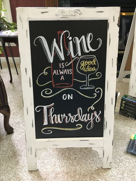 Chalkboard for Boutique Wine Night Wine Chalkboard Art, Restaurant Chalkboard Ideas, Winery Signs, Sidewalk Chalkboard Sign, Calligraphy Business, Wine Boutique, Apartment Marketing, Oyster Roast, Valentine Boxes