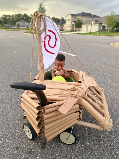 Moana Trunk Or Treat Ideas For Cars, Moana Sibling Costume, Toddler Moana Halloween Costumes, Maui Moana Halloween Costume, Maui Diy Costume Men, Moana Family Costumes, Moana Boat Diy Wagon, Diy Moana Boat, Moana Sailboat