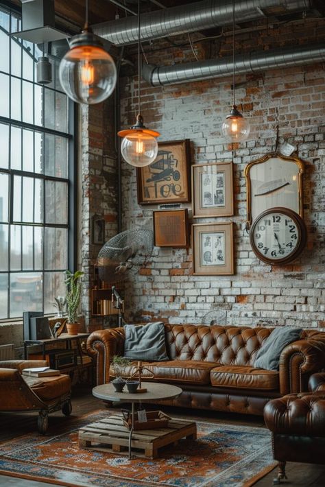 Industrial Living Room Ideas, Moody Industrial, Living Room Stand, Brick Ideas, Warehouse Interior, Loft Style Living, Industrial Living Room, Industrial Loft Design, Industrial Room