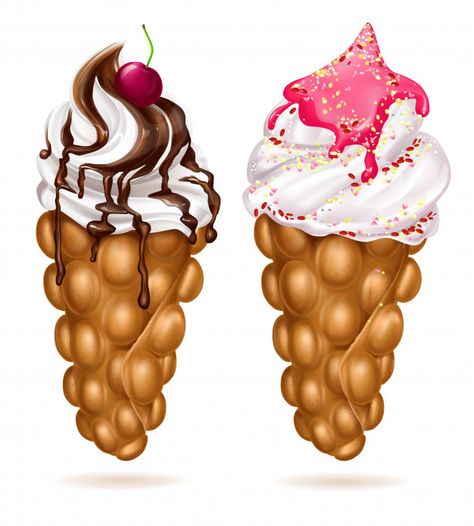 Hong kong egg bubble waffles realistic Free Vector Hong Kong Waffle, Bubble Waffles, Egg Waffle, Waffle Ice Cream, Bubble Waffle, Mini Pancakes, Vector Food, Chocolate Sweets, Chocolate Topping