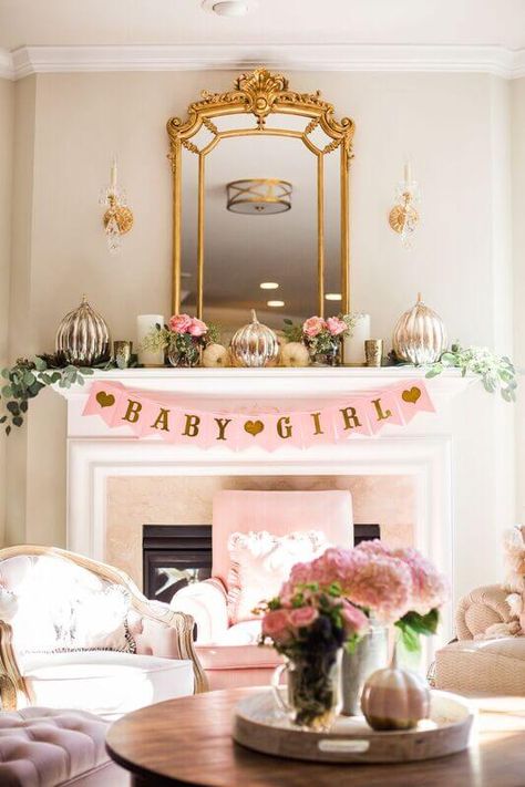 Fireplace Baby Shower Decor, At Home Baby Shower Ideas Decoration, Rustic Baby Shower Ideas For Girls Decor, In Home Baby Shower Setup, Baby Shower Fireplace Decor, How To Host A Baby Shower Tips, Baby Shower Gift Table Ideas, Baby Shower At Home Set Up, Baby Shower Mantle Decor