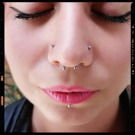 Piercing - Nostril Piercing - Septum Piercing - Labret Piercing Upper Nostril Piercing, Both Nostrils Pierced With Septum, Two Nostril Piercing, Nostril And Septum Piercing Together, Symmetrical Piercings, Both Nostrils Pierced, Septum And Nostril Piercing, Piercings Idea, Two Nose Piercings