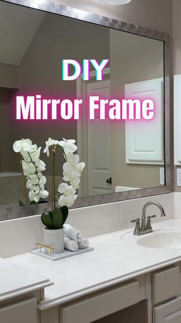 Rocio Ruiz on Instagram: "No Mirror Frame? Try this easy and affordable DIY! 🤩 You’re going to love it. I got the Peel & Stick tiles from LOWES" Peel Stick Mirror, Vinyl Mirror Frame, Stick On Mirror Frame, Peel And Stick Tile Around Bathroom Mirror, Mirror Frame Kit, Peel And Stick Mirror Frame, Diy Tile Mirror, Diy Mirror Frame Bathroom, Tile Mirror Frame