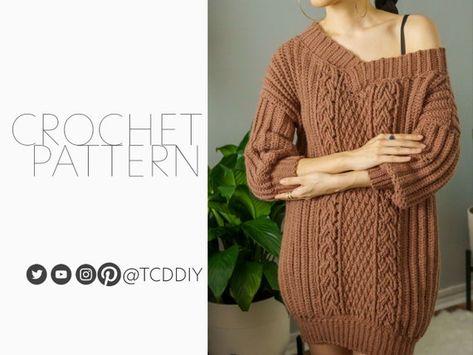 Check out this item in my Etsy shop https://www.etsy.com/listing/1145954901/crochet-cable-stitch-sweater-dress Sweater Dress Crochet Pattern, Crochet Sweater Dress Pattern, Crochet Wrap Sweater, Sweater Dress Pattern, Crochet Tunic Pattern, Crochet Cable Stitch, Cable Sweater Dress, Off The Shoulder Jumper, Crochet Sweater Dress