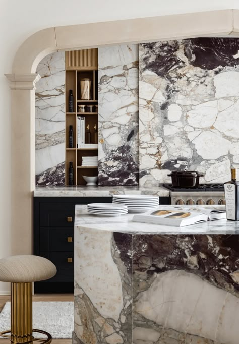 A Tour of this Beautiful White Marble Kitchen COCOCOZY Pantry Kitchen Design, Monet Marble, Luxury Lifestyle Home, Modern Bar Stools Kitchen, Kitchen Interior Inspiration, Modern Kitchen Bar, Modern Kitchen Apartment, Light Marble, White Marble Design