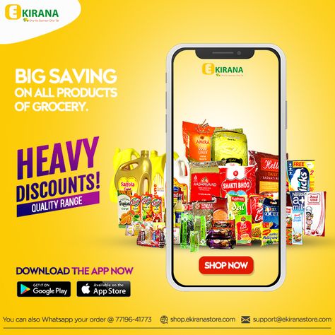 For the Heavy discounts, Download the Ekirana App Now.  WhatsApp your order at 91-7719641773 and we will deliver at your home within 59 minutes. Download Ekirana App: https://play.google.com/store/apps/details… Website: http://shop.ekiranastore.com/ Contact Number: 91-7719641773 Email: support@ekiranastore.com #ekiranastore #groceryshopping #grocery #personalcare #babycare #foodgrain #beverages #kirana #zirakpur #Mohali #kharar #chandigarh #panchkula #healthcare #medicines #bestdeals Supermarket Advertising Design, Mobile Advertising Design, Grocery Store Ads, Grocery Ads, Poster Design Layout, Supermarket Design, Mobile Advertising, Social Media Branding Design, Pamphlet Design