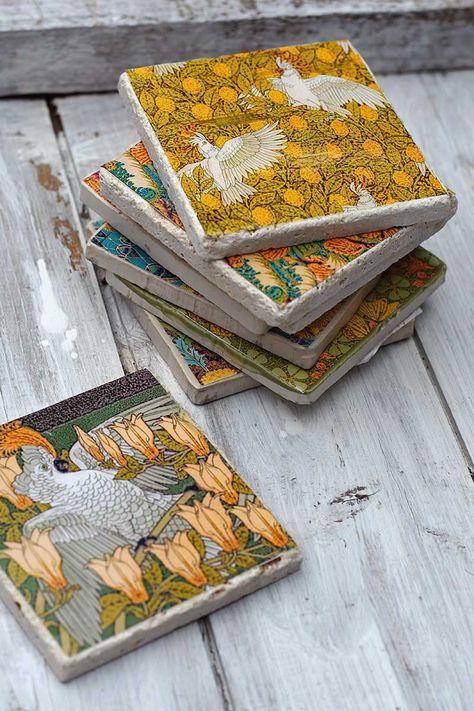 A stack of DIY tile coasters. These are so easy to make and the wonderful art nouveau patterns are free to print. 12 different designs to choose from. Hand Painted Tiles Diy, Diy Tile Coasters, Tile Art Projects, Art Nouveau Design Pattern, Leftover Tile, Diy Coasters Tile, Coaster Ideas, Tile Artwork, Pretty Tiles