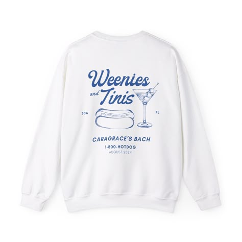 Custom Weenies and Tinis Bachelorette Sweatshirts, Personalized Bach Party Hotdog Martini Crewnecks, Weenies and Martinis Theme Crewnecks by BeyondTheVowsCo on Etsy Tinis And Weenies Bachelorette Party, Tinis And Weenies Party Outfit, Beanies And Martinis Bachelorette, Martinis And Weenies Party, Beanie Weenies, Bachelorette Sweatshirts, Dirty 30, Bach Party, Dog Party