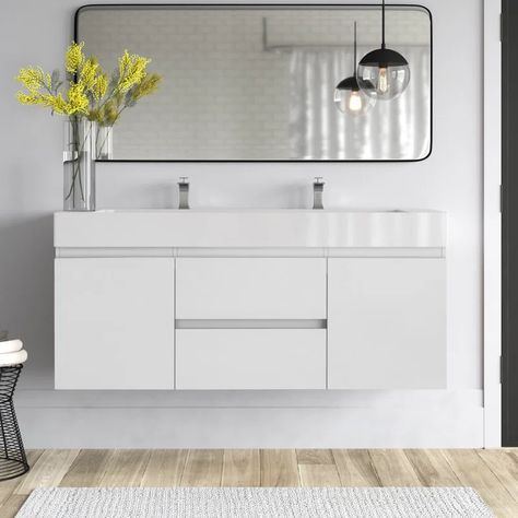 Mercury Row® Newbold 60'' Doublesink Wall Moun With Integrated Acrylic Sink & Reviews - Wayfair Canada White Double Vanity Bathroom, 72 Vanity, White Countertop, Mirror Backsplash, Floating Bathroom Vanity, White Drawers, Bathroom Vanity Base, Double Bathroom, White Countertops