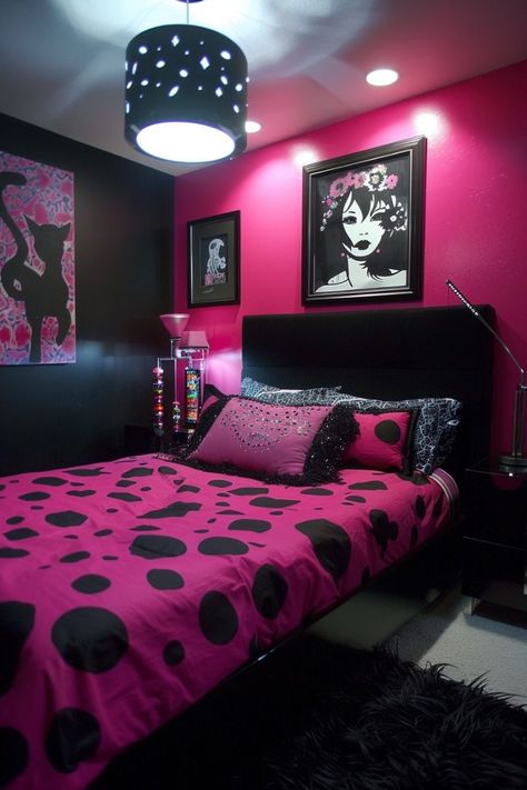 Black And Pink Room, Alt Bedroom, Pink Bedroom Ideas For Adults, Bedroom Ideas For Adults, Hot Pink Room, 2000s Room, Black Walls Bedroom, Pink Bedroom Ideas, Girl Apartment