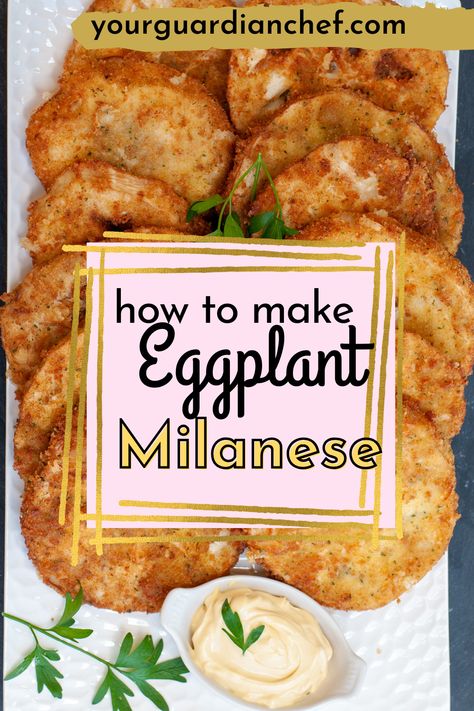 The Vegetarian Eggplant Milanese recipe is a delightful and easy Italian dish, perfect for a variety of meals. It's a healthy option for vegetable side dishes and works well with different diets, including vegan and vegetarian. This recipe, featuring eggplant, is great for kids and can be served as a side for BBQs, cookouts, and as part of a Sunday family dinner. It's also suitable for holiday side dishes, offering a simple yet hearty option for any meal. Eggplant Melanzane Recipe, Eggplant Parmesan Plating, Recipes Using Fresh Eggplant, Baby Eggplant Recipes Simple, Easy Eggplant Recipes Healthy, Rosa Bianca Eggplant Recipes, Stuffed Eggplant Recipes Vegetarian, Meatless Italian Recipes, Vegetarian Italian Dishes