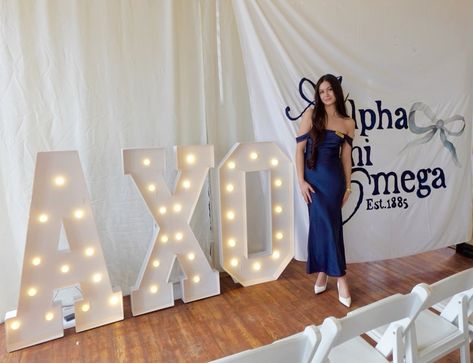 AXO sorority formal recruitment decor navy banner letters Alpha Chi preference round Axo Sorority, Recruitment Themes, Sorority Formal, Banner Letters, Alpha Chi Omega, Alpha Chi, Chi Omega, Sorority, Navy