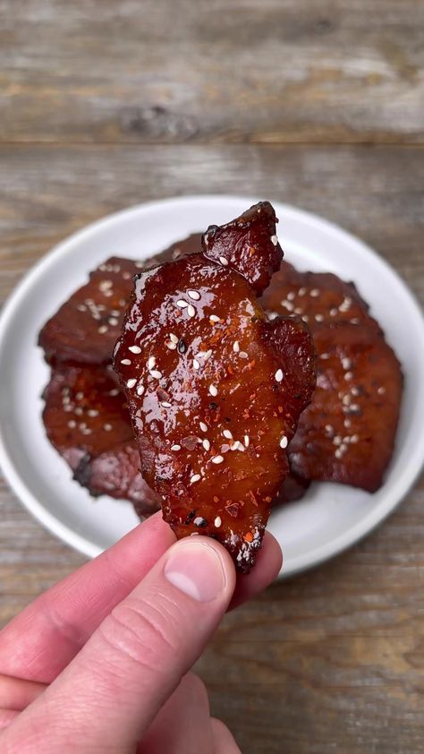 Honey Sriracha Pork Jerky #recipe #snacks #bbq | Burnt_Pellet_BBQ | Pork Loin Jerky Recipe, Honey Siracha, Pork Jerky, Thanksgiving Turkeys, Great Meals, Beef Jerky Recipes, Beef Brisket Recipes, Jerky Recipes, Pork Loin Roast