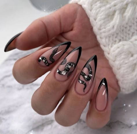 Acrylic Nails Sharp Almond, Folklore Nails, Snake Skin Nails, Ball Ideas, Edgy Nails, Goth Nails, Animal Nails, Animal Print Nails, Acrylic Nails Coffin Pink