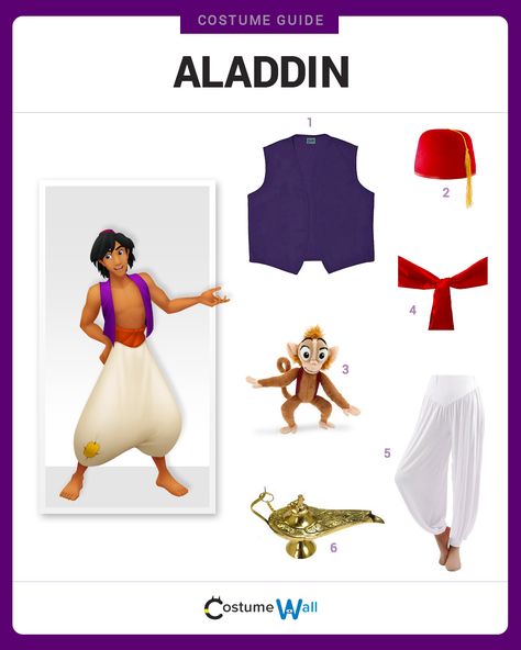 Dress Like Aladdin from the Disney movie. See additional costumes and cosplays of Aladdin. Aladdin Costume Kids, Aladdin Costume, Costume Guide, Toy Story Costumes, Turtle Costumes, Greek Goddess Costume, Goddess Costume, Cowgirl Costume, Halloween Costume Contest