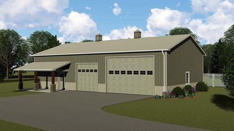 Garage Plan 51873 - 3 Car Garage Country Style Pole Building Garage, 3 Car Garage Plans, Garage With Living Quarters, Metal Shop Building, Batting Cage, Metal Building Designs, Garage Addition, Porch Plans, Car Barn