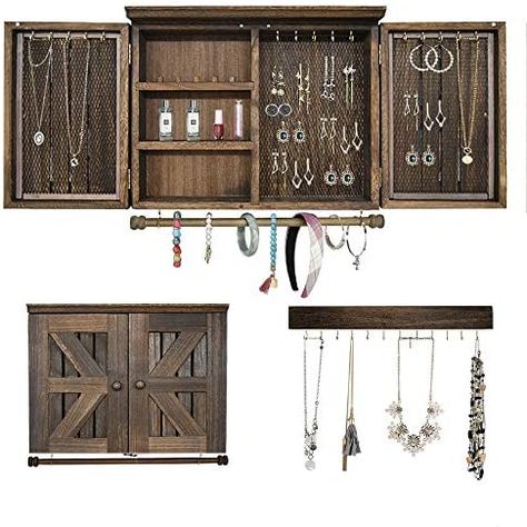 VICKERT Rustic Wall Mount Jewelry Organizers with Wooden Barndoor Decor.Jewelry holder for Necklaces, Earings, Bracelets, Ring Holder, and Accessories.Wall Jewelry Cabinet with Removable Wooden Rod: Boxes & Organisers: Amazon.com.au Wall Mounted Jewelry Organizer, Wooden Barn Doors, Jewelry Storage Diy, Wall Mount Jewelry Organizer, Jewelry Organizer Wall, Rustic Barn Door, Hanging Jewelry Organizer, Hanging Bar, Jewelry Cabinet