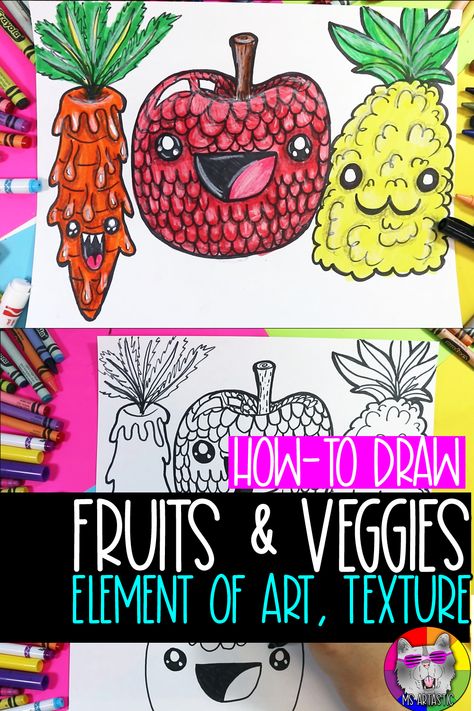 Fruit Texture Art, Element Of Texture Art Lessons, Element Of Art Texture, Texture Art Lesson, Texture Projects, Drawing Fruits, Elements Of Art Texture, Texture Art Projects, Features Drawing