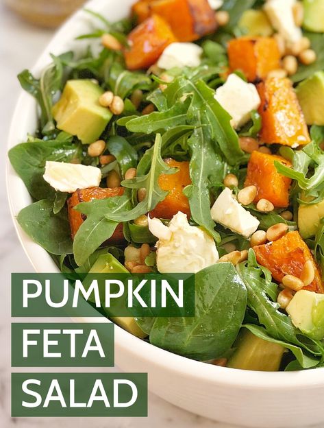 Pumpkin Recipes Side Dish, Avocado Feta Salad, Pumpkin And Feta Salad, Pumpkin And Feta, Pine Nuts Salad, Pumpkin Salad, Savory Pumpkin Recipes, Paleo Lifestyle, Sweet Pumpkin