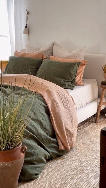 Bed Threads.® on Instagram: "Olive Stripe, Terracotta, & Oatmeal. ✨ At home with @chelseamacc. #linenbedding #interiordesign #bedroommakeover" Olive Green Boho Bedding, Earth Tone Comforter Set, Sage Green And Rust Bedding, Sage And Terracotta Bedding, Olive Duvet Bedroom, Terracotta Linen Bedding, Safe And Terracotta Bedroom, Earth Tone Bedding Bedroom, Olive Green Color Scheme Bedding