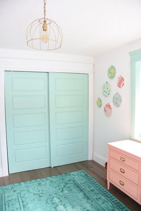 Mint green sliding closet doors Baby Room Inspiration, Dekorasi Kamar Tidur, Pink Nursery, Big Girl Rooms, Pink Room, Girls Room Decor, Kids' Room, Girls Room