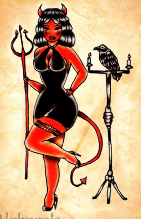 Halloween Tattoo Flash, Scandinavian Tattoo, Halloween Pin Up, Pin Up Girl Tattoo, Traditional Tattoo Designs, Devil Tattoo, Devil Halloween, Halloween Tattoo, Pin Up Tattoos