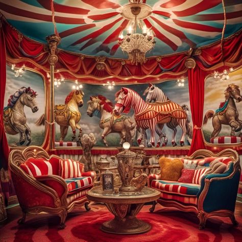 Circus living room Circus Cage, Circus House, Circus Tents, Circus Aesthetic, Retro Disney, Circus Tent, Industrial Bar, Circus Theme, Scenic Design