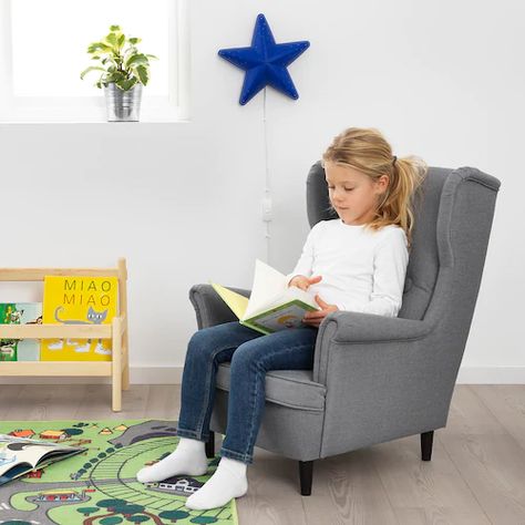 Ikea Strandmon, Ikea Armchair, Kids Playroom Furniture, Kids Armchair, Boys Playroom, Classic Armchair, Comfortable Armchair, Playroom Storage, Playroom Furniture