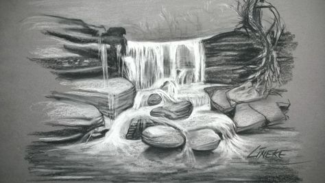 Waterfall Pencil Drawing, Waterfall Drawing Pencil, Drawing Waterfall, Waterfall Sketch, Waterfall Tattoo, Pencil Sketches Landscape, Waterfall Drawing, Pencil Art Love, Things To Draw Ideas