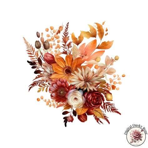 Watercolor Autumn Bouquet Clipart: Leaves and Orange Burgundy Flowers for Fall Crafting and Decor for Scrapbooking and Invitation https://digitalduskyrose.etsy.com/listing/1780927239 Embrace the warmth of the fall season with our Watercolor Autumn Bouquet Clipart collection. This set features beautifully illustrated bouquets of leaves and orange burgundy flowers, perfect for adding a touch of autumnal charm to your crafting projects. Ideal for scrapbooking, card making, invitations, and sea... Autumn Flowers Illustration, Fall Flowers Wallpaper, Flowers For Fall, Flower Bouquet Drawing, Fall Crafting, Bouquet Clipart, Flower Boquet, Autumn Bouquet, Autumn Flowers