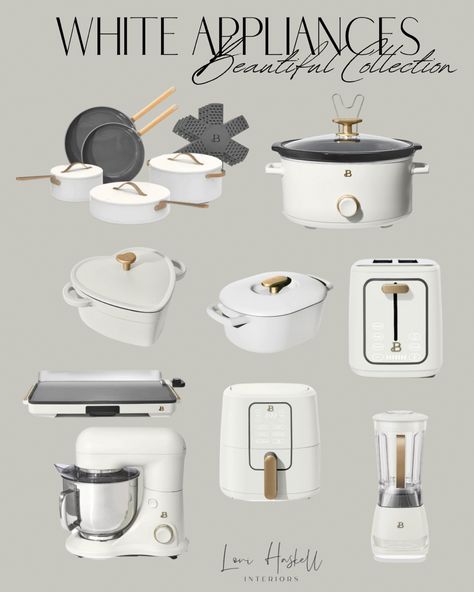 White Small Appliances In Kitchen, Taupe Kitchen Accessories, Modern Farmhouse Kitchen Appliances, White Gold Kitchen Appliances, Luxury Kitchen Items, Kitchen Items Aesthetic, Matching Kitchen Appliances, Cream Kitchen Appliances, Material Names