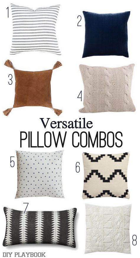 A neutral grouping of pillows to add some major style to a gray couch. Love the black, cognac, white, and gray look all together. Come read our tips to choose the perfect throw pillows for your couch. Couch Grau, Gray Couch, Beige Couch, Grey Couch Living Room, Pillow Combos, Brown Couch, Grey Couches, Trendy Living Rooms, Living Room Pillows