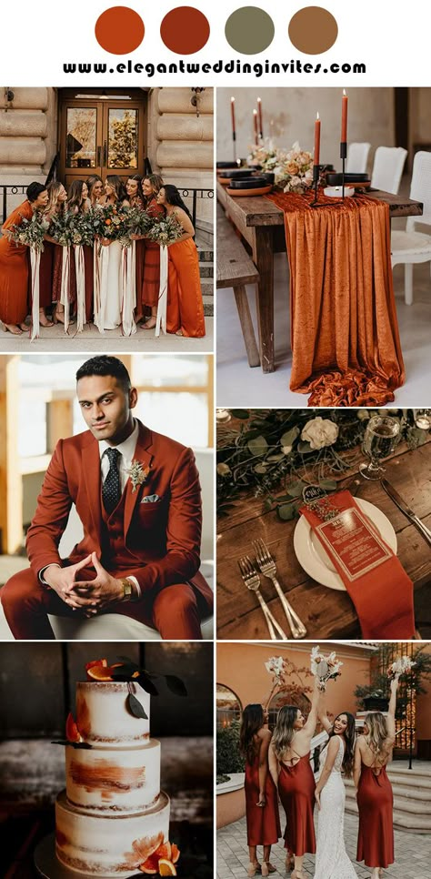 November Wedding Burnt Orange, Spring Burnt Orange Wedding, Eggplant Burnt Orange Wedding, Wedding Color Burnt Orange, Burnt Orange Terracotta Wedding, Orange Color Palettes Wedding, Wedding Dress With Orange Accent, Wedding Color Schemes Burnt Orange, Burnt Orange Halloween Wedding