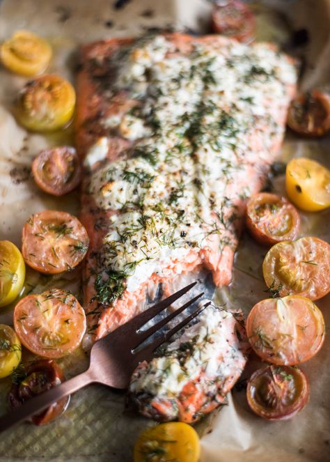 Creamy Baked Salmon, Lemon Dill Salmon, Dill Salmon, Orange Sweet Potatoes, Goat Cheese Recipes, Lemon Dill, Crusted Salmon, Baked Salmon Recipes, Dinner Appetizers