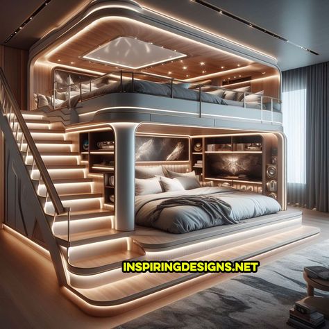 These Epic Luxury Bunk Beds Offer a Stairway to Heavenly Design and Comfort – Inspiring Designs Bunk Bed Modern Interior Design, Space Saving Bunk Bed Ideas, Amazing Bunk Beds, Luxury Bunk Beds, Architectural Bedroom, Luxury Bunk Bed, Futuristic Rooms, Heavenly Design, Technology House