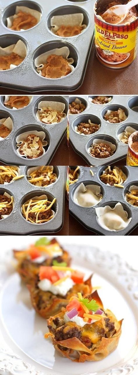 Taco Bites...did these for a party once, good finger food, pretty tasty Taco Cupcakes, Won Ton, Mapo Tofu, God Mat, Bariatric Recipes, Think Food, Snacks Für Party, Muffin Tins, Fajitas