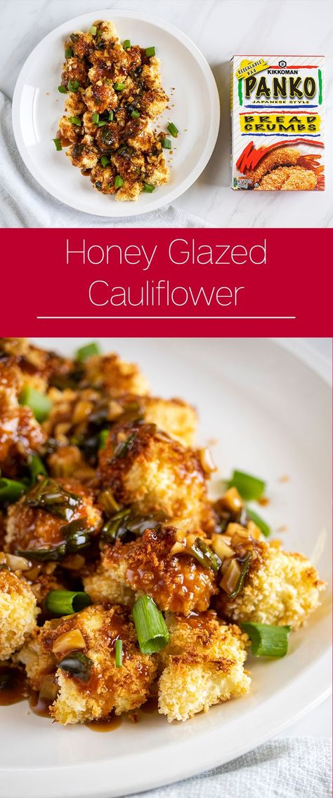 Honey Garlic Baked Cauliflower | This easy Meatless Monday recipe is full of flavor and crunch — ideal to whip up as a snack for the kids! The sweet and savory roasted cauliflower is also the perfect crunchy addition to a weeknight meal! The crunch of Kikkoman® Panko Bread Crumbs on the flavorful veggies makes them the star of the show every time. Prepare the cauliflower florets as a side dish or as a meatless appetizer on game day. Ready in under 30 minutes. #Kikkoman Oven Baked Cauliflower, Vegetarian Appetizers Easy, Garlic Baked, Whole Roasted Cauliflower, Meatless Monday Recipes, Vegetarian Foods, Hamburger Meat Recipes, Baked Cauliflower, Vegetarian Appetizers