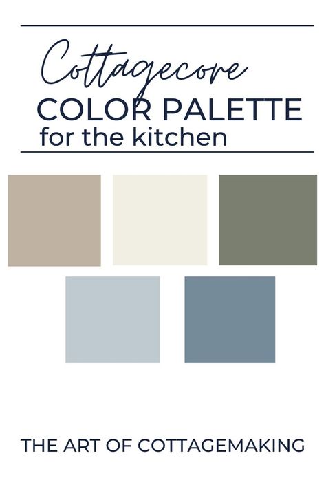 Cottage colors are shown in a palette for kitchen inspiration. Kitchen Color Pallet, Cottagecore Color Palette, Cottage Color Palette, Cottagecore Interior, Farmhouse Color Scheme, Cottage Core Kitchen, Kitchen Color Palettes, Modern Cottagecore, Cottagecore Living