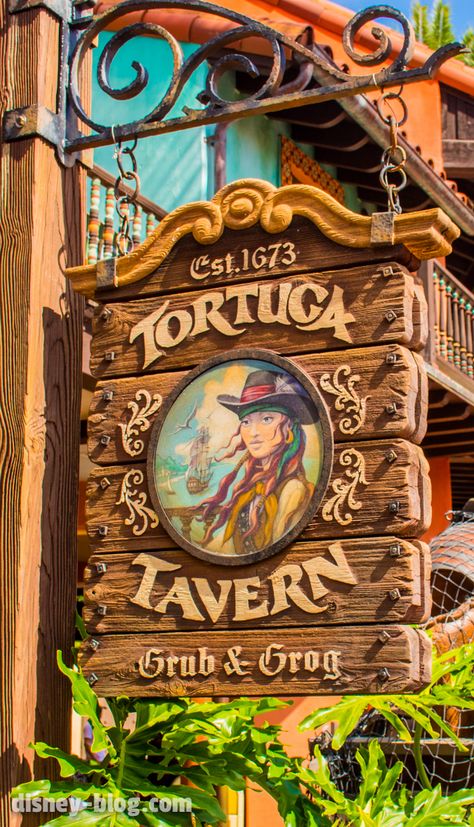 Tortuga Tavern sign in Adventureland at Disney's Magic Kingdom Wooden Farm Signs, Tavern Sign, Nautical Interior, Lion King Drawings, Home Bar Rooms, Storefront Signs, Sign Board Design, Salon Signs, Event Props