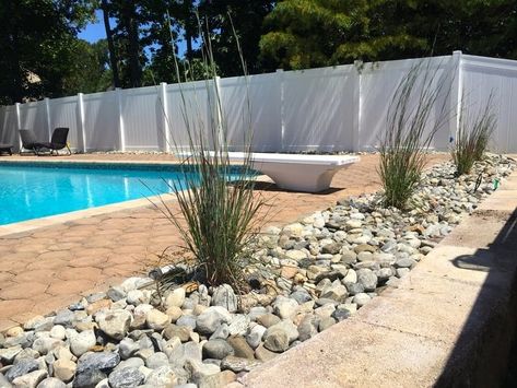 Simple Pool Landscaping, Landscaping Around Pool, Pool Landscaping Ideas, Inground Pool Landscaping, River Rock Garden, Simple Pool, Outdoor Pool Area, Pools Backyard Inground, River Rock Landscaping