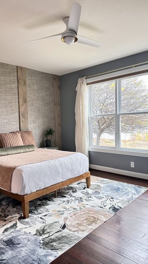 Bedroom Light Blue Accent Wall, Smokey Blue Accent Wall Bedroom, Grey And Blue Bedroom Master Accent Walls, Primary Bedroom Blue Accent Wall, Grasscloth Accent Wall, Wallpaper Bedroom Light Blue, Accent Wall Blue, Door Lighting, Lakehouse Bedroom