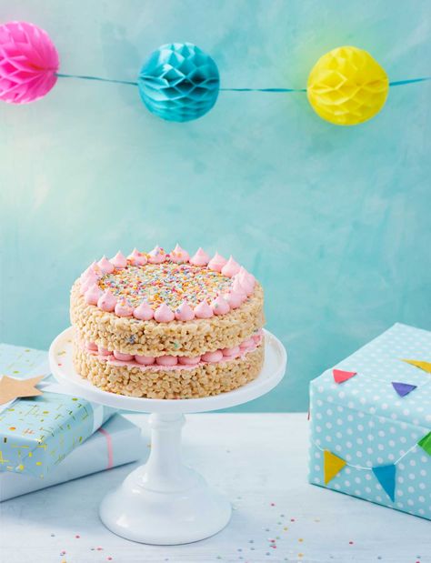 Our no-bake rice crispie celebration cake is the perfect fuss-free birthday cake. Made with melted marshmallows and lots of colourful sprinkles, pop it on the table and let everyone grab a slice Rice Crispy Cake, Rice Krispie Cakes, Rice Crispie, Vegan Wedding Cake, Recipe Rice, Homemade Birthday Cakes, Barbie Cake, Celebration Cake, Rice Crispy Treats