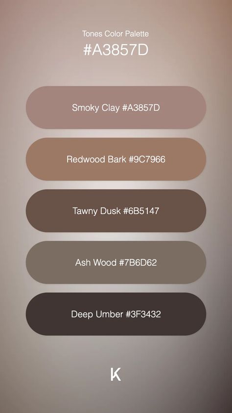 · A muted earthiness that breathes tranquility & timeless elegance · #a3857d. ·  #Color #ColorPalette #DustyTerracotta #Hex #SiennaClay #SmokyClay · Kid’s Pattern Earthy Color Palette Hex Code, Neutral Color Palette With Hex Codes, Color Palette Hex Code, Taupe Color Palettes, Wood Floor Colors, Lobby Interior Design, Colour Pallets, Hex Color Palette, Decal Codes