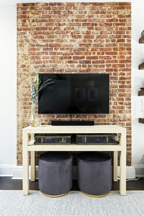 Red Brick Tv Wall Ideas, Tv Wall Brick, Brick Tv Wall Ideas, Tv On Brick Wall, Brick Tv Wall, Den Addition, Brick Wall Tv, Brick Wall Interior Living Room, Sheep House