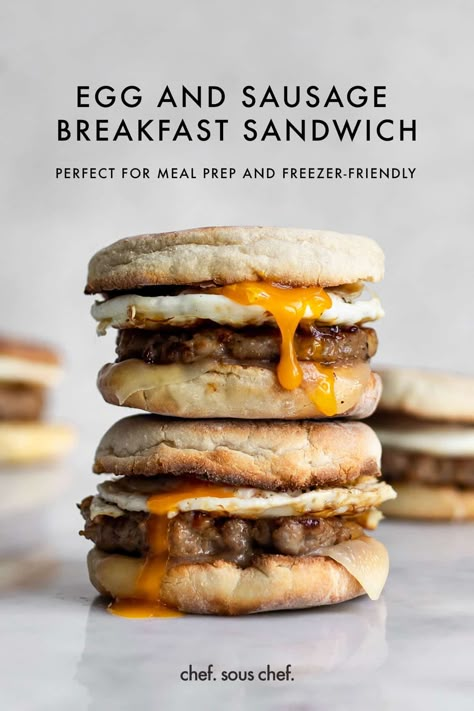 Prep your freezer, our Egg and Sausage Breakfast Sandwich on an English Muffin is about to take over. With a juicy patty, runny egg yolks, and melty cheese, this classic breakfast sandwich is easy to meal prep and freeze in big batches to enjoy whenever the craving strikes. Sausage Egg Mcmuffin, Egg And Sausage Breakfast, Egg Mcmuffin Recipe, English Muffin Breakfast Sandwich, Egg Breakfast Sandwich, Sausage And Egg Breakfast, Sausage Breakfast Sandwich, Sausage And Egg Mcmuffin, Egg And Sausage