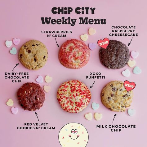 Chip City Cookies on Instagram: "Love at First Bite ⬇️ February 10th - February 16th 💘 Strawberries & Cream - Vanilla & Strawberry swirled cookie dough filled with sweet cream cheese frosting. 💘 XOXO Funfetti - Vanilla sugar cookie topped with heart shaped sprinkles. 💘 Chocolate Raspberry Cheesecake - Chocolate raspberry cookie mixed with walnuts, filled with raspberry cheesecake filling, and rolled in sparkling sugar. **CONTAINS NUTS** 💘 Red Velvet Cookies n' Cream - Red Velvet cookies mix Chip City Cookies, Red Velvet Heart Cookies, Cookie Bites Packaging, Cookie Menu Design Ideas, Red Velvet Cookies With Cream Cheese, Cookies Instagram Story, Cookies Advertising, Valentines Day Cookies Decorated, Raspberry Cookie