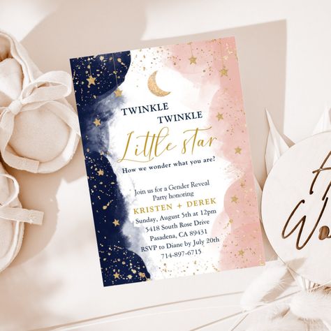 Twinkle Gender Reveal, Twinkle Twinkle Gender Reveal, Disney Gender Reveal, Enchanted Forest Baby Shower, Gender Reveal Boy, Pink Invitation, Gender Reveal Themes, Gender Party, Baby Gender Reveal Party