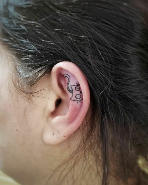 Cat Tattoo Cat Behind The Ear Tattoo, Behind Ear Cat Tattoo, Cat Ears And Whiskers Tattoo, Tiny Cat Ears Tattoo, First Tattoo Designs, Cat With Butterfly On Nose Tattoo, Behind The Ear Tattoo Ideas, Tentacle Tattoo, Cool Tattoo Ideas